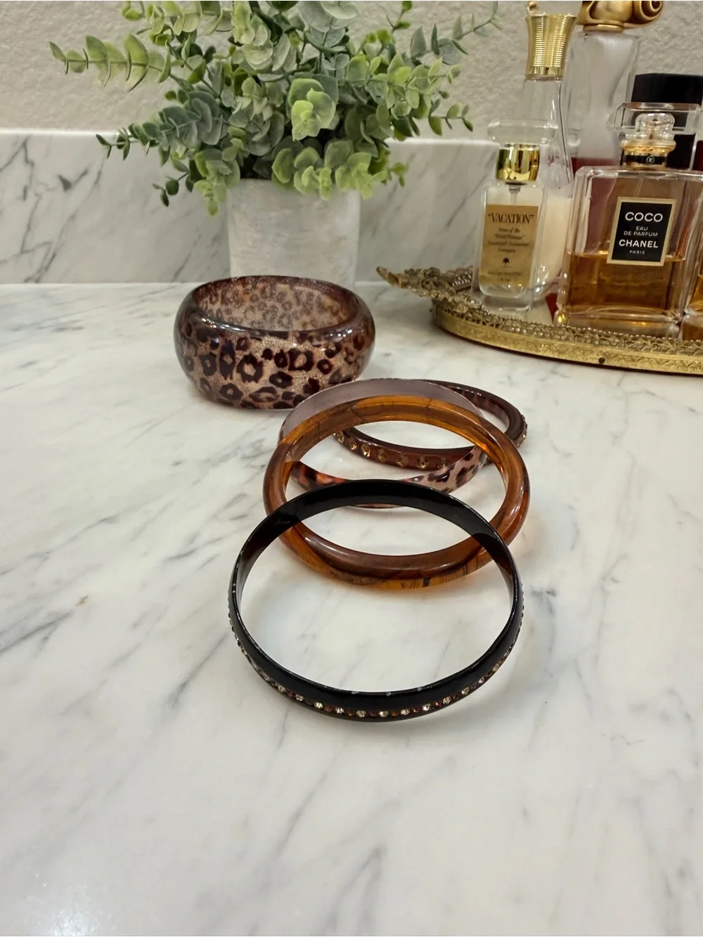 Vintage Lucite and Metal Leopard Print Decorative Bangles